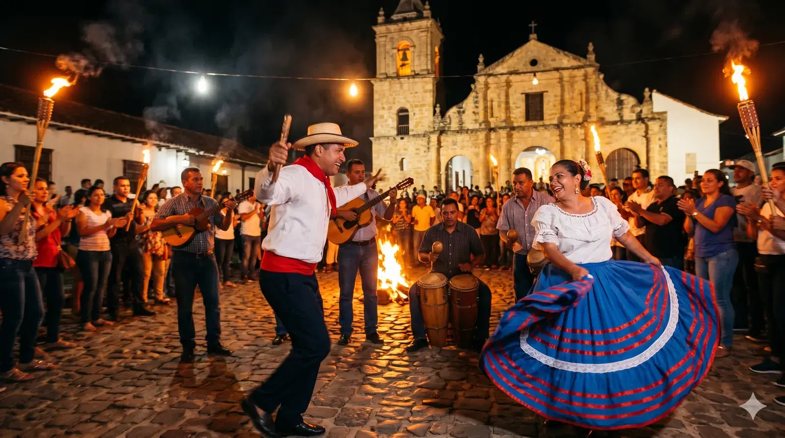 Couple dancing the Tamunangue accompanied by musicians with cuatros and drums in a Tocuyo plaza