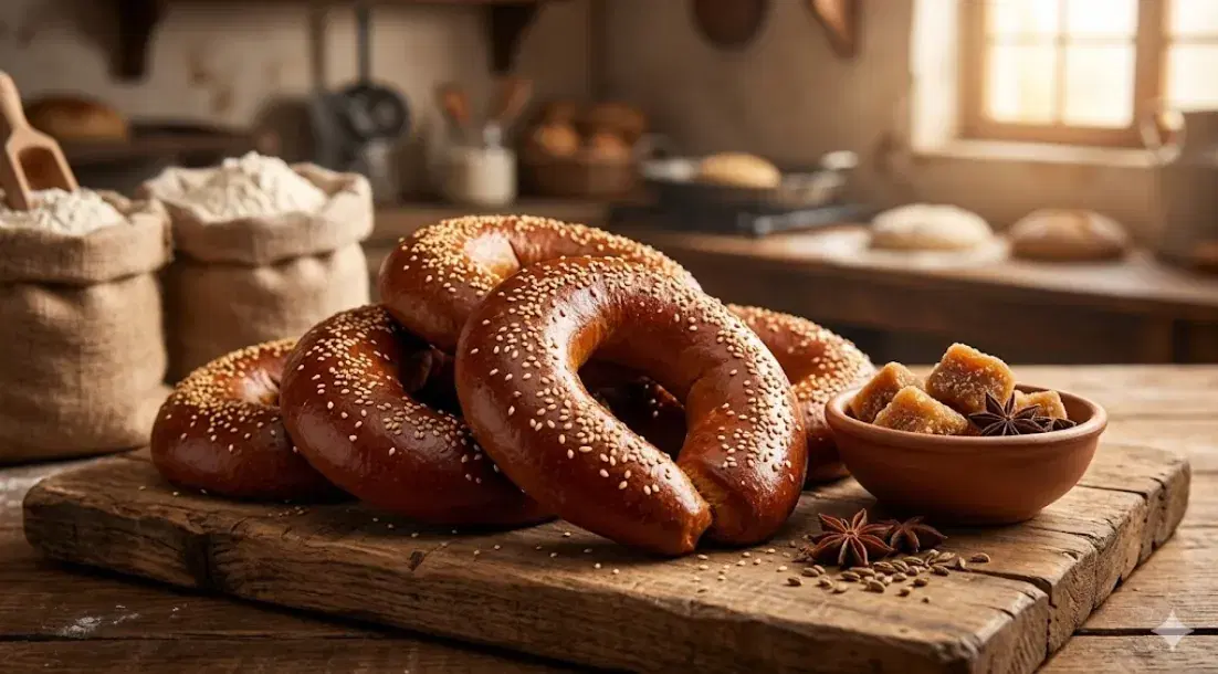 Tocuyo acemitas in ring shape sprinkled with sesame on a wooden board