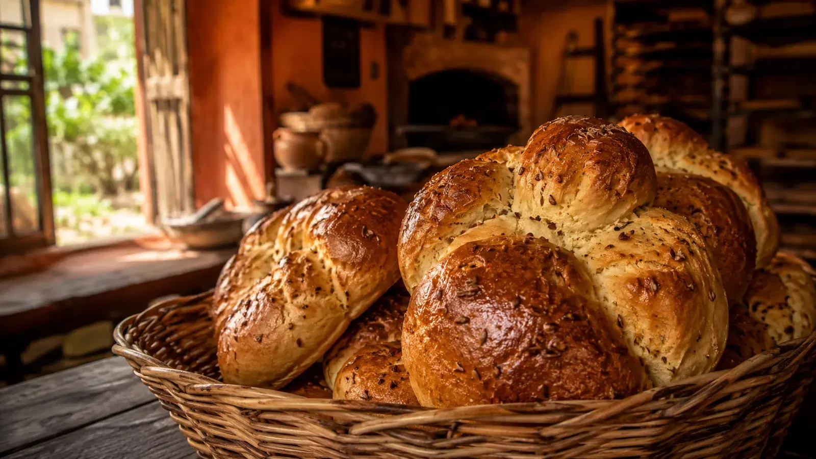 Traditional Tocuyo bread with anise freshly baked in a wicker basket on a wooden table
