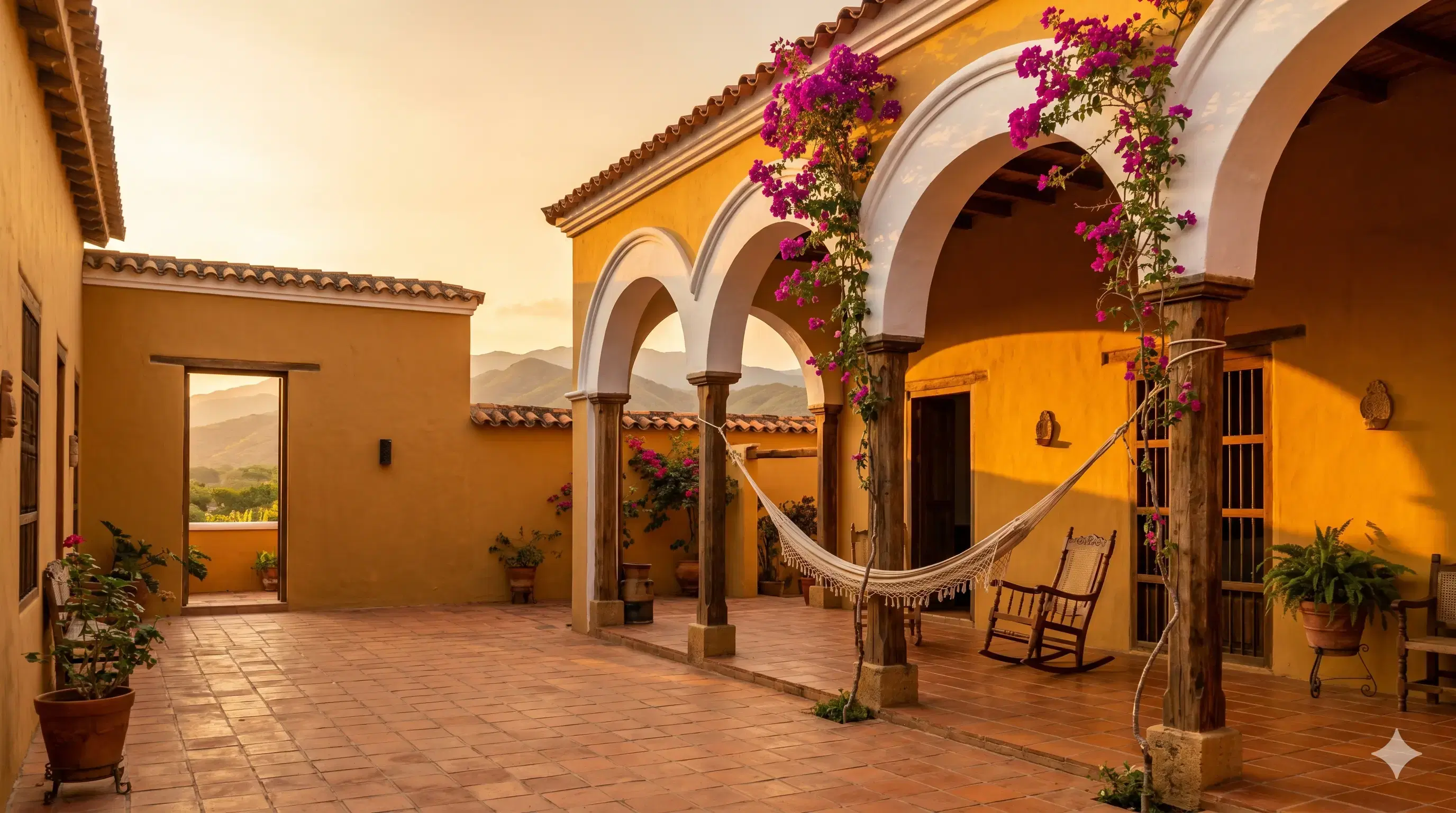 Patio interior de una posada colonial restaurada en El Tocuyo con buganvilias y arcos de adobe