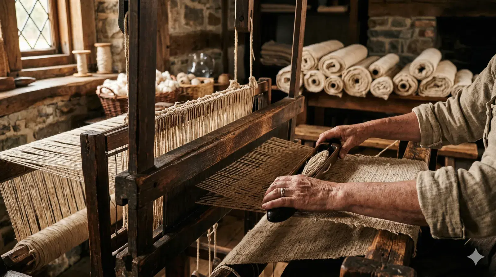 Colonial loom weaving raw cotton cloth in a 17th-century workshop
