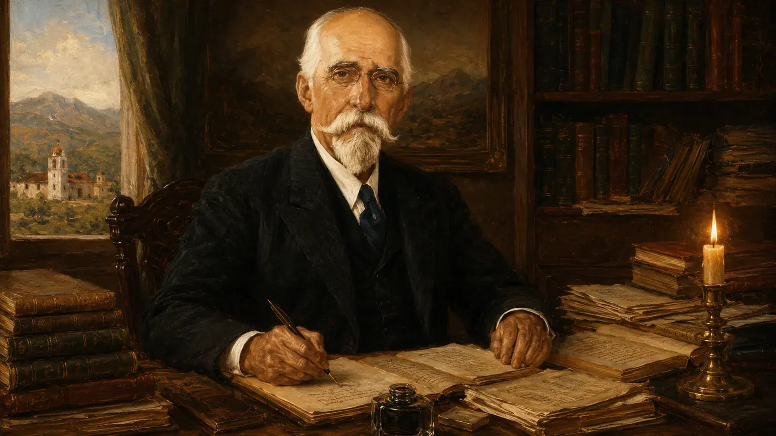 Portrait of the Venezuelan intellectual Lisandro Alvarado at his desk surrounded by old books