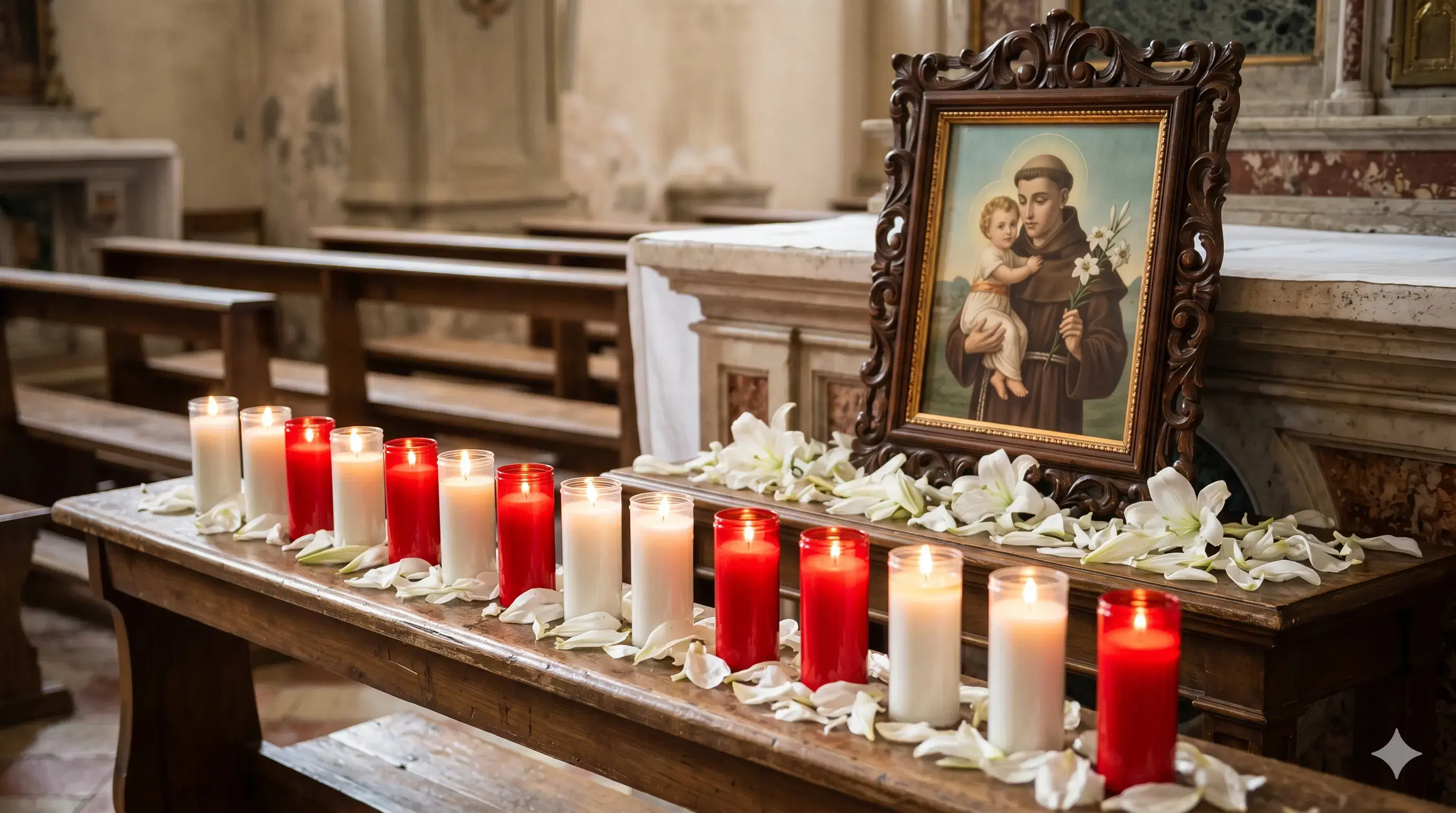 Velas blancas y rojas encendidas frente a una imagen de San Antonio de Padua durante un trecenario