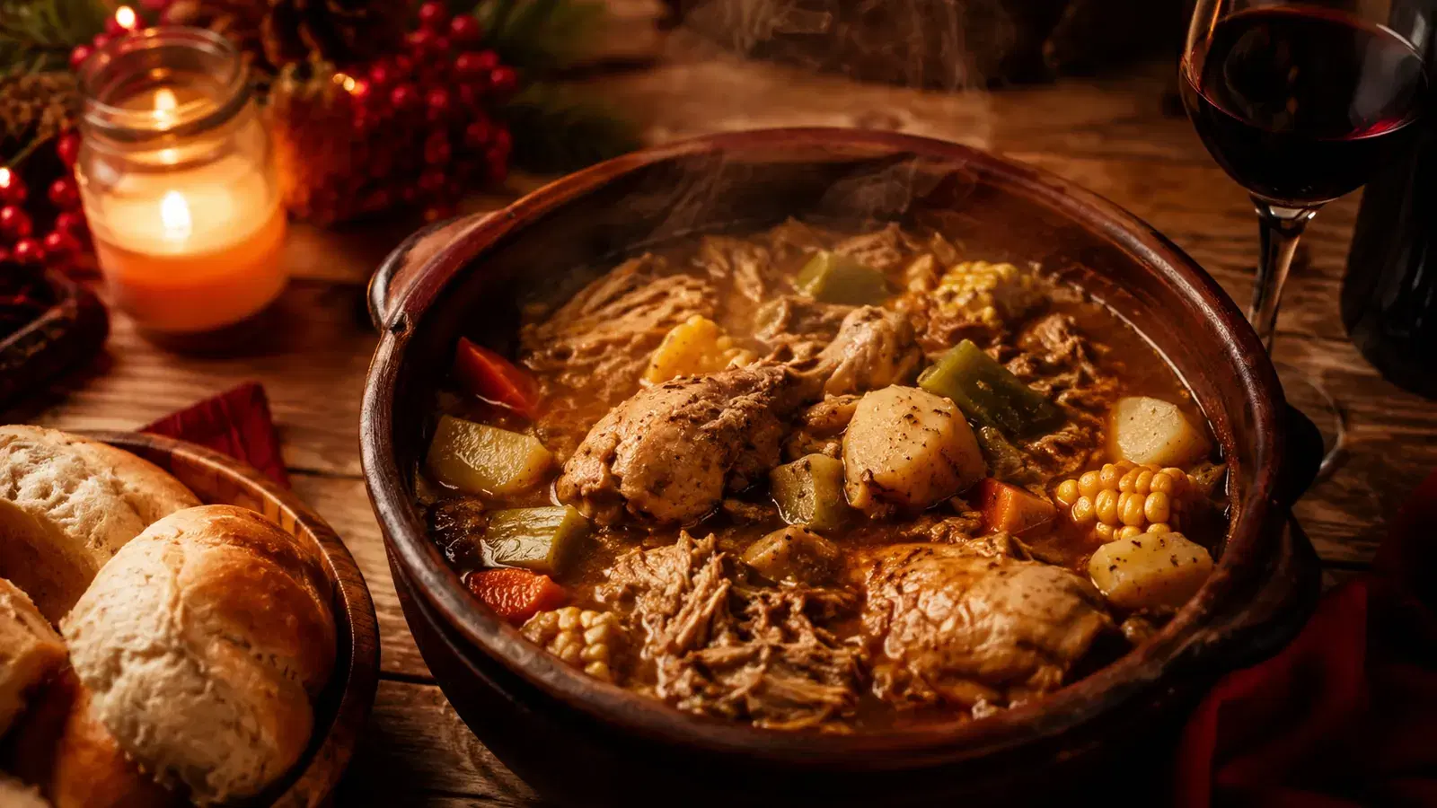 Tocuyo olleta de gallo served in a traditional clay pot on a rustic wooden table