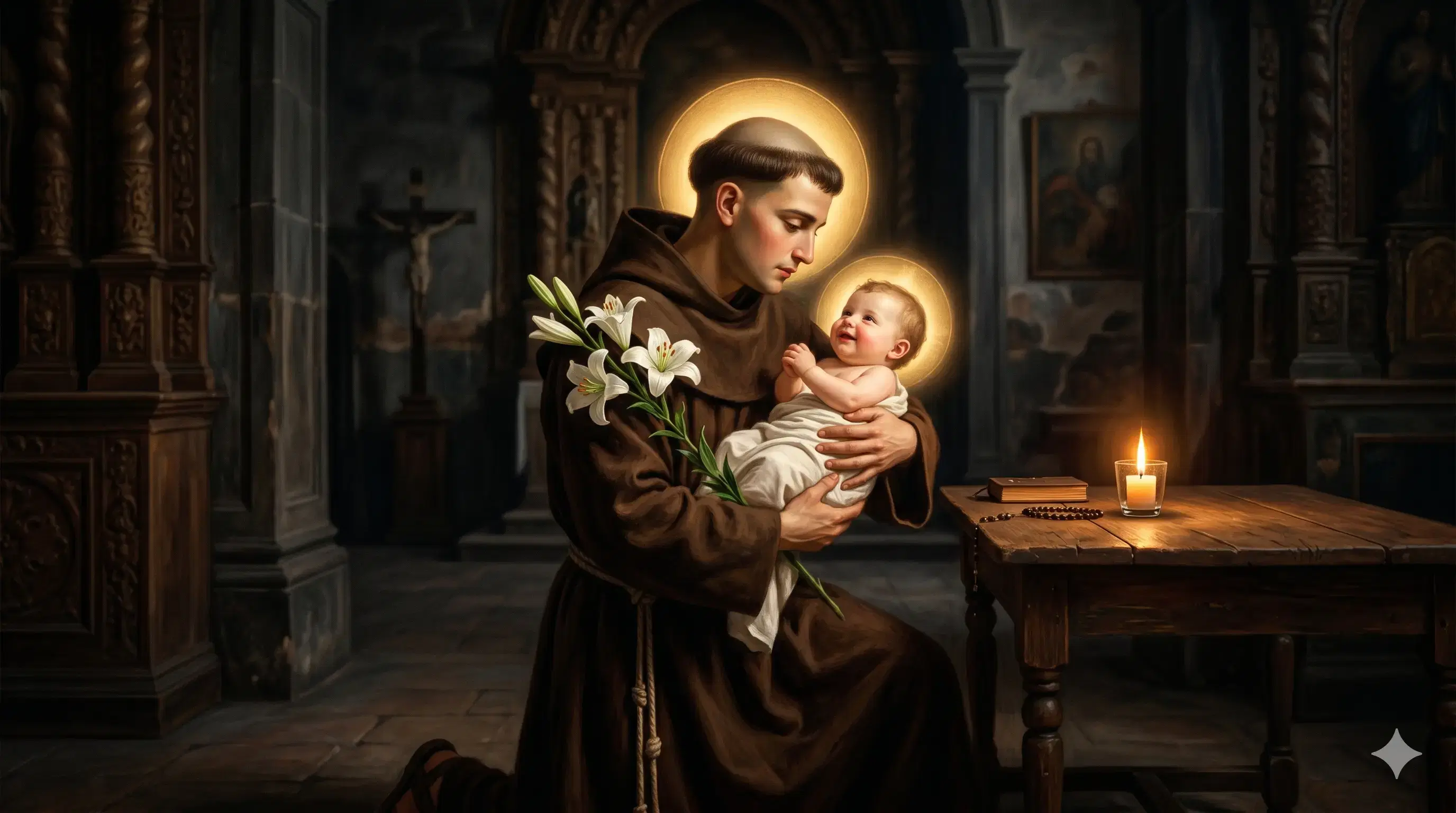 Estampa devocional de San Antonio de Padua con el Niño Jesús y un lirio blanco, frente a una vela encendida