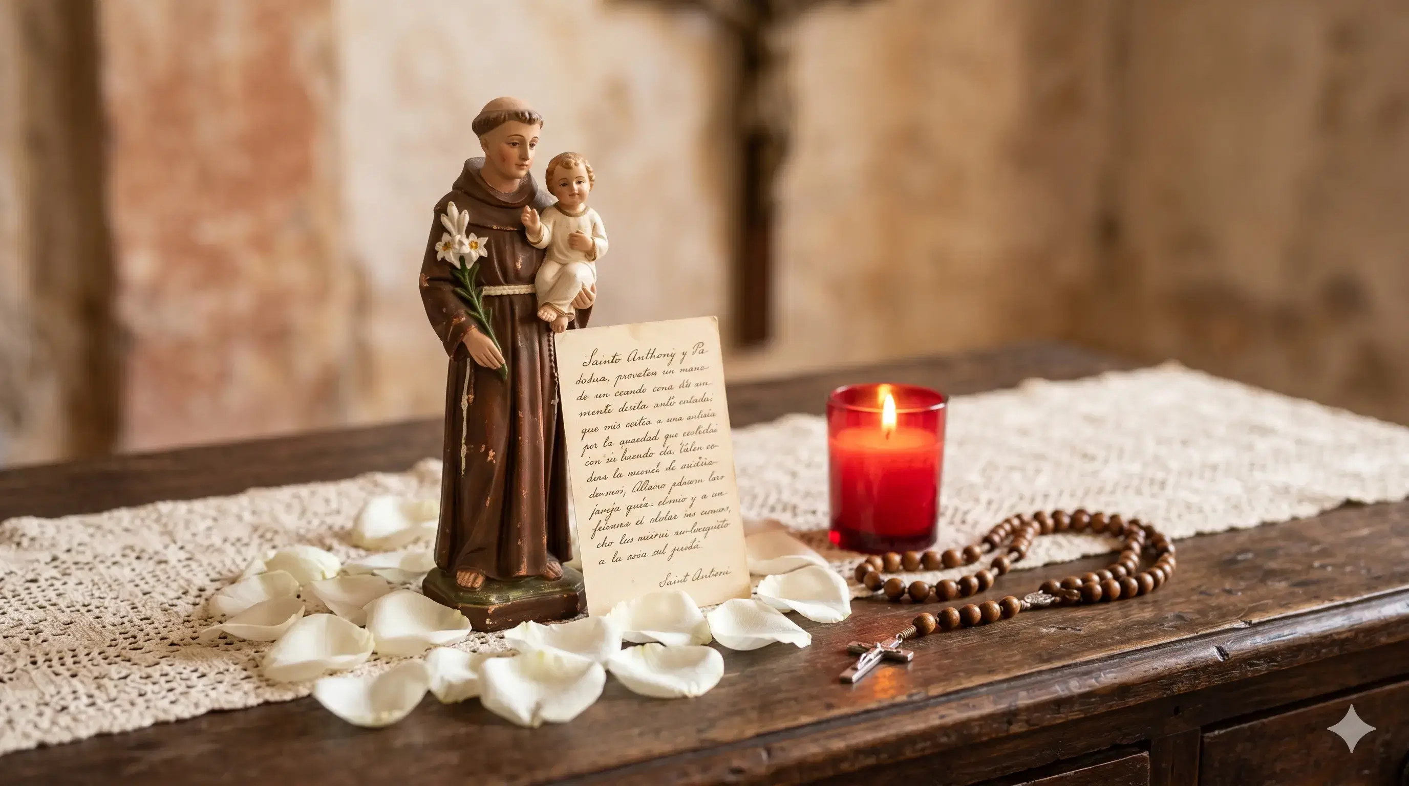 Vela encendida junto a una estampa de San Antonio con el Niño Jesús y un ramo de rosas blancas