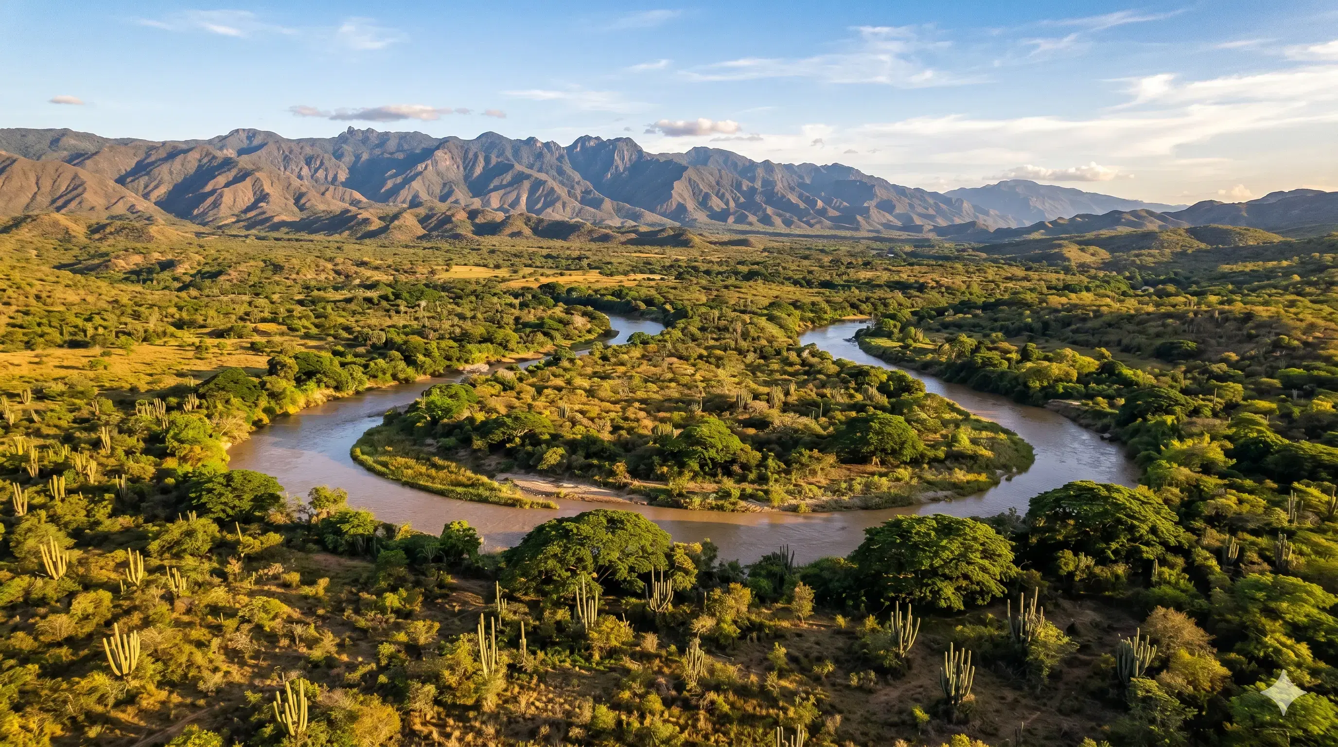 Río Tocuyo serpenteando entre montañas verdes del estado Lara con vegetación seca a sus orillas