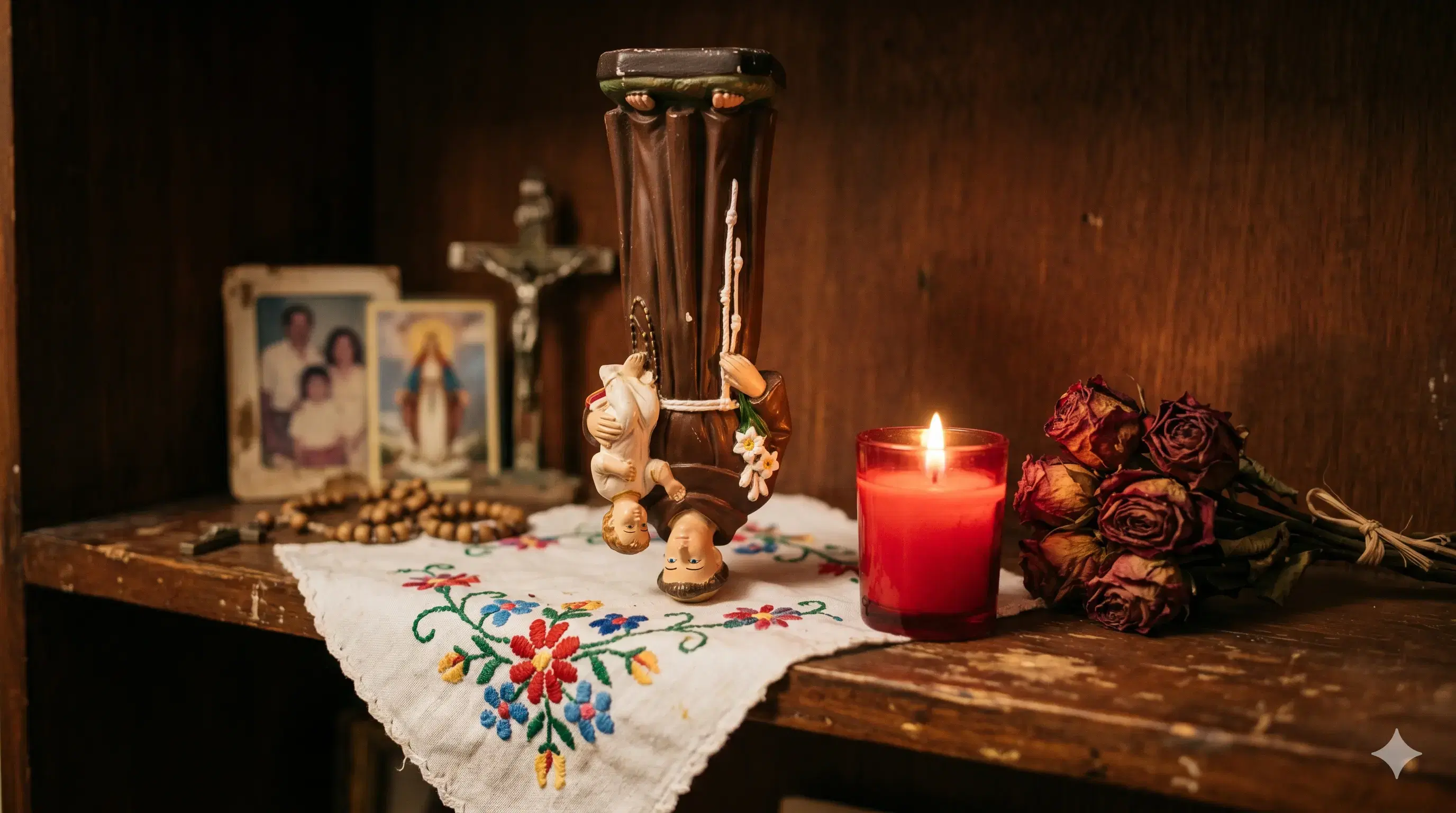 Imagen de San Antonio de Padua colocada boca abajo sobre una repisa con velas, según la tradición popular
