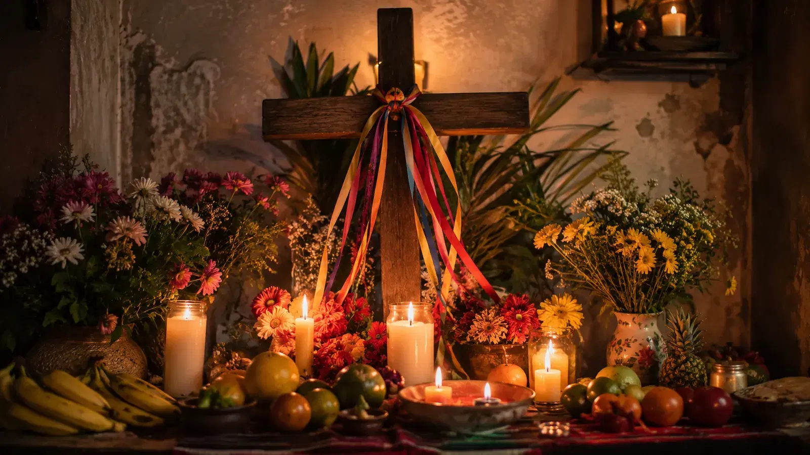 Domestic May Cross altar decorated with ribbons, flowers and candles in a Tocuyo home