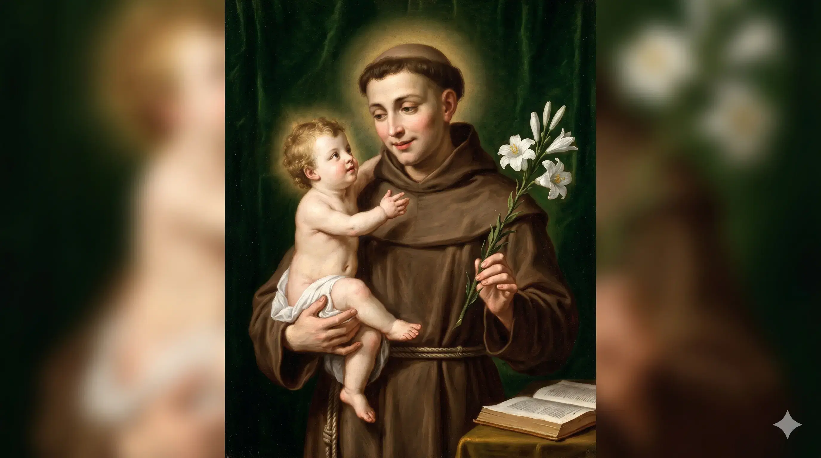 Retrato pictórico de San Antonio de Padua joven con hábito franciscano, sosteniendo al Niño Jesús y un lirio